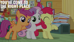 Size: 2000x1125 | Tagged: safe, edit, edited screencap, editor:quoterific, screencap, apple bloom, scootaloo, sweetie belle, forever filly, g4, clubhouse, crusaders clubhouse, cutie mark crusaders
