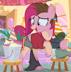 Size: 1075x1100 | Tagged: safe, artist:anonymous, mr. turnip, pinkie pie, rocky, earth pony, human, pony, g4, party of one, /ptfg/, boxers, brown hair, clothes, clothes falling off, eye color change, female, human to pony, indoors, light skin, male to female, mare, mid-transformation, open mouth, open smile, party hat, pinkamena diane pie, pinkie's bedroom, shirt, shorts, show accurate, smiling, solo, story in the source, story included, transformation, transgender transformation, underwear