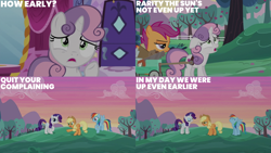 Size: 2000x1125 | Tagged: safe, edit, edited screencap, editor:quoterific, screencap, applejack, rainbow dash, rarity, scootaloo, sweetie belle, earth pony, pony, g4, the cart before the ponies, apple, apple tree, carousel boutique, cart, saw, tree