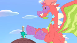 Size: 3072x1727 | Tagged: safe, screencap, sparky sparkeroni, dragon, cake dragon, g5, my little pony: tell your tale, spoiler:g5, spoiler:my little pony: tell your tale, spoiler:tyts02e03, baby, baby dragon, cake, duo, eyes closed, flying, food, frown, male, spread wings, wings