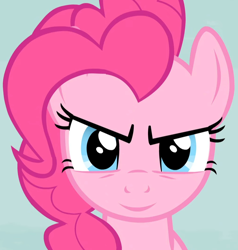 Size: 1018x1070 | Tagged: safe, edit, edited screencap, editor:twilyisbestpone, screencap, pinkie pie, earth pony, pony, g4, season 5, the cutie map, amused, cropped, evil smile, female, grin, inverted mouth, looking at you, mare, narrowed eyes, pinkie pie is amused, smiling, smiling at you, solo