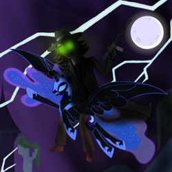 Size: 4096x4096 | Tagged: safe, nightmare moon, princess luna, oc, alicorn, human, g4, /k/, belt, castle of the royal pony sisters, clothes, creepy, epitec incognito, flying, gloves, glowing, glowing eyes, green eyes, gun, hat, horn, horn grab, humanized, incognito, lightning, looking at you, m4, moon, mounting, night, open mouth, overcoat, scared, shoes, smiling, smiling at you, spread wings, weapon, white shirt, wings