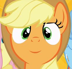 Size: 1125x1072 | Tagged: safe, edit, edited screencap, editor:twilyisbestpone, screencap, applejack, fluttershy, rainbow dash, earth pony, pegasus, pony, g4, season 5, what about discord?, amused, applejack is amused, cropped, cute, female, inverted mouth, jackabetes, looking at you, mare, smiling, smiling at you, solo focus