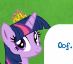 Size: 394x349 | Tagged: safe, gameloft, screencap, twilight sparkle, alicorn, pony, g4, my little pony: magic princess, cropped, crown, dialogue, female, jewelry, looking at you, mare, oof, reaction image, regalia, smiling, solo, speech bubble