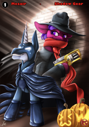 Size: 1237x1750 | Tagged: safe, artist:jamescorck, oc, oc only, oc:mezair, oc:shadow gear, pony, batman, dc comics, halloween, hat, holiday, jack-o-lantern, pumpkin, the shadow (street & smith), weapon