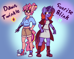 Size: 1500x1200 | Tagged: safe, artist:erynerikard, oc, oc only, oc:dawn twinkle, oc:sunrise blink, unicorn, anthro, plantigrade anthro, amputee, boots, clothes, converse, digital art, dress, female, glasses, gradient mane, hoodie, jacket, prosthetic arm, prosthetic limb, prosthetics, shoes, shorts, siblings, sisters