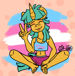 Size: 1076x1096 | Tagged: safe, artist:erynerikard, snails, unicorn, anthro, g4, barefoot, clothes, digital art, feet, female, freckles, looking at you, midriff, peace sign, pride, pride flag, short shirt, sitting, skirt, smiling, smiling at you, solo, trans female, transgender, transgender pride flag, vibing