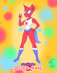 Size: 2100x2700 | Tagged: safe, artist:erynerikard, oc, oc only, oc:dawn twinkle, unicorn, anthro, bodysuit, clothes, digital art, female, hoodie, marvel, solo, spider-man, spider-mare, superhero costume