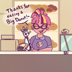Size: 1000x1000 | Tagged: safe, artist:erynerikard, oc, oc only, oc:dawn twinkle, unicorn, anthro, amputee, big donut, cash register, digital art, donut, female, food, freckles, glasses, prosthetic arm, prosthetic limb, prosthetics, solo, steven universe, talking to viewer, waving, waving at you