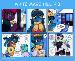 Size: 3508x2834 | Tagged: safe, artist:dsana, fizzlepop berrytwist, tempest shadow, oc, oc:blue candy, oc:bolt thundercloud, oc:lullaby dusk, oc:minty mint, deer, earth pony, pegasus, pony, unicorn, comic:a storm's lullaby, adopted, adopted daughter, clothes, colt, earmuffs, female, filly, foal, male, shawl, slide, snow