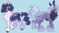 Size: 2700x1500 | Tagged: safe, artist:ghostunes, oc, oc only, oc:lucidity star, oc:sterling comet, pegasus, unicorn, alternate universe, blue background, bow, chest fluff, concave belly, design, female, hair bow, hoof fluff, horn, leonine tail, looking at you, male, pegasus oc, siblings, simple background, tail, twins, unicorn oc, unshorn fetlocks