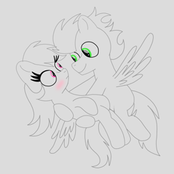 Size: 1400x1400 | Tagged: safe, artist:mrsdashskies, rainbow dash, soarin', pegasus, pony, g4, blushing, female, looking at each other, looking at someone, male, mare, partial color, ship:soarindash, shipping, sketch, stallion, straight