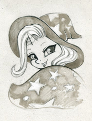 Size: 757x1000 | Tagged: safe, artist:maytee, trixie, pony, unicorn, g4, bust, cape, clothes, hat, monochrome, portrait, smiling, solo, traditional art, trixie's cape, trixie's hat