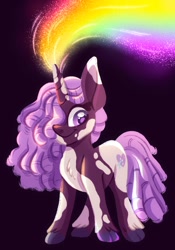 Size: 1431x2048 | Tagged: safe, artist:carouselunique, idw, violette rainbow, pony, unicorn, g5, spoiler:comic, spoiler:g5comic14, dreadlocks, female, filly, foal, hair over one eye, horn, magic, rainbow, smiling, solo, tail, unshorn fetlocks, vitiligo