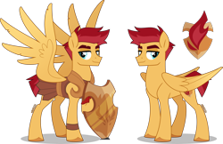 Size: 4000x2586 | Tagged: safe, artist:orin331, part of a set, flash magnus, pegasus, pony, g4, armor, eyebrows, implied opaline arcana, large wings, male, netitus, raised hoof, redesign, shield, simple background, stallion, tall, transparent background, wings