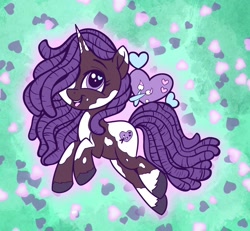 Size: 2048x1894 | Tagged: safe, artist:sophie scruggs, idw, violette rainbow, pony, unicorn, g5, spoiler:comic, spoiler:g5comic14, dreadlocks, female, filly, foal, hair over one eye, heart, heart background, heart eyes, horn, looking at you, open mouth, open smile, smiling, solo, tail, unshorn fetlocks, vitiligo, wingding eyes