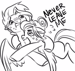 Size: 2439x2308 | Tagged: safe, artist:opalacorn, oc, oc only, oc:nik, oc:void, pegasus, pony, black and white, crying, duo, female, floppy ears, grayscale, hug, mare, monochrome, nervous sweat, simple background, sketch, tackle hug, white background