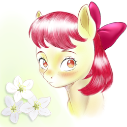 Size: 1000x1000 | Tagged: safe, artist:n0thingbutath0ught, apple bloom, earth pony, pony, g4, adorabloom, blushing, bust, cute, female, filly, flower, foal, looking at you, portrait, solo