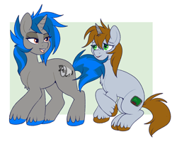 Size: 1024x831 | Tagged: safe, artist:lulubell, oc, oc only, oc:homage, oc:littlepip, pony, unicorn, fallout equestria, abstract background, female, lesbian, mare, oc x oc, seduction, ship:pipmage, shipping, tail, tail seduce, unshorn fetlocks, wingding eyes