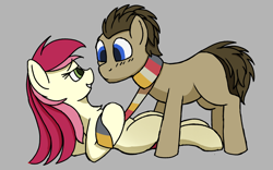Size: 2040x1275 | Tagged: safe, artist:frilanka, doctor whooves, roseluck, time turner, earth pony, pony, g4, blushing, clothes, duo, female, fourth doctor's scarf, gray background, grin, lying down, male, on back, pulling, scarf, ship:doctorrose, shipping, simple background, smiling, stallion, straight, striped scarf