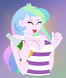 Size: 4984x5912 | Tagged: safe, artist:egor418, princess celestia, principal celestia, human, equestria girls, g4, absurd resolution, big breasts, bottle, breasts, busty princess celestia, cider, cleavage, clothes, eyes closed, female, gradient background, happy, lineless, open mouth, open smile, shirt, smiling, solo, watch