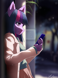 Size: 1200x1600 | Tagged: safe, artist:symbianl, twilight sparkle, anthro, g4, :t, cellphone, cross-popping veins, date, emanata, eyebrows, eyebrows visible through hair, female, phone, smartphone, solo, wavy mouth