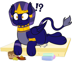 Size: 3000x2700 | Tagged: safe, artist:worstsousaphonehorse, the sphinx, sphinx, g4, :i, blueberry, blueberry inflation, egyptian, egyptian headdress, exclamation point, fabric, female, food, inflation, interrobang, jewelry, lying down, pottery, question mark, simple background, solo, spice, stomach noise, transparent background, vector, wide eyes