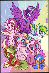 Size: 1210x1807 | Tagged: safe, artist:caffeinatedcarny, applejack (g3), fluttershy (g3), master kenbroath gilspotten heathspike, pinkie pie (g3), rainbow dash (g3), rarity (g3), spike, twilight twinkle, alicorn, dragon, earth pony, pegasus, pony, unicorn, g3, g4, cloven hooves, coat markings, colored hooves, colored pupils, colored wings, coloring page, dappled, facial markings, feathered fetlocks, freckles, g3 to g4, generation leap, gradient hooves, group photo, leg freckles, looking at you, mane six, markings, open mouth, open smile, rainbow, redesign, simple background, smiling, socks (coat markings), star (coat marking), unshorn fetlocks, wings