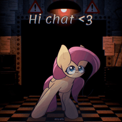 Size: 1000x1000 | Tagged: safe, artist:miryelis, fluttershy, pegasus, pony, g4, :3, animated, big ears, cute, dancing, diabetes, female, five nights at freddy's, gif, heart, hello chat, looking at you, mare, shyabetes, signature, smiling, solo, text