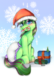 Size: 1640x2360 | Tagged: safe, alternate version, artist:vaiola, oc, oc only, oc:wubwubpwny, pony, unicorn, adult diaper, ambiguous gender, big eyes, blushing, candy, candy cane, chest fluff, christmas, cold, commission, cute, diaper, diaper fetish, diaper usage, diapered, embarrassed, fetish, food, full body, gift wrapped, happy, hat, holiday, horn, looking at you, non-baby in diaper, poofy diaper, present, santa hat, simple background, snow, snowflake, solo, tail, tail hole, urine, winter, ych result