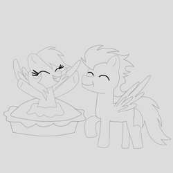 Size: 1400x1400 | Tagged: safe, artist:mrsdashskies, rainbow dash, soarin', pegasus, pony, g4, apple, apple pie, eyes closed, female, food, male, mare, pie, ship:soarindash, shipping, sketch, smiling, stallion, straight