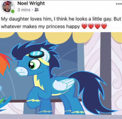 Size: 1100x1080 | Tagged: safe, edit, edited screencap, screencap, rainbow dash, soarin', g4, rarity investigates, clothes, facebook, goggles, implied gay, meme, uniform, wonderbolts, wonderbolts uniform