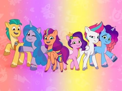 Size: 1920x1440 | Tagged: safe, hitch trailblazer, izzy moonbow, misty brightdawn, pipp petals, sunny starscout, zipp storm, earth pony, pegasus, pony, unicorn, g5, my little pony: tell your tale, official, abstract background, female, gradient background, male, mane five, mane six (g5), mane stripe sunny, mare, rebirth misty, stallion