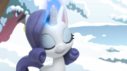 Size: 1920x1080 | Tagged: safe, screencap, rarity, pony, unicorn, g4, g4.5, my little pony: stop motion short, snow pony contest (short), snowball fight (short), cute, eyes closed, ice, lake, magic, magic aura, smiling, snow, solo, stop motion, water