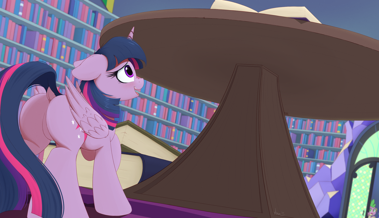 [alicorn,book,butt,dock,dragon,embarrassed,featureless crotch,female,g4,high res,library,male,mare,micro,nose wrinkle,plot,pony,safe,spike,tail,twilight sparkle,twibutt,twilight's castle,artist:arcane-thunder,twilight's castle library]