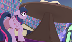 Size: 3000x1733 | Tagged: safe, artist:arcane-thunder, spike, twilight sparkle, alicorn, dragon, pony, g4, book, bookshelf, butt, dock, embarrassed, featureless crotch, female, folded wings, high res, horn, indoors, library, male, mare, micro, nose wrinkle, plot, table, tail, twibutt, twilight sparkle (alicorn), twilight's castle, twilight's castle library, wings