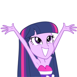 Size: 500x500 | Tagged: safe, anonymous editor, edit, edited screencap, screencap, twilight sparkle, human, equestria girls, g4, armpits, arms in the air, big grin, big smile, clothes, cute, dress, excited, excitement, grin, happy, simple background, sleeveless, sleeveless dress, smiling, solo, strapless, strapless dress, white background
