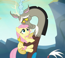 Size: 827x741 | Tagged: safe, screencap, discord, fluttershy, draconequus, pegasus, pony, g4, to where and back again, best friend, best friends, cropped, cute, discute, duo, duo male and female, female, friend, friends, happy, holding a pony, hug, male, mare, shipping fuel, smiling