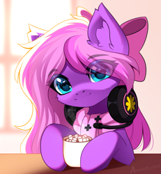 Size: 1165x1262 | Tagged: safe, alternate character, alternate version, artist:airiniblock, oc, oc only, oc:lillybit, earth pony, pony, chocolate, clothes, commission, cute, ear fluff, food, headphones, heart, heart eyes, hot chocolate, icon, marshmallow, morning, solo, wingding eyes, ych result