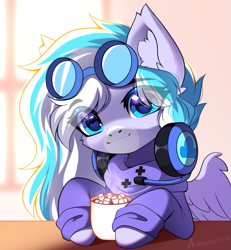 Size: 1165x1262 | Tagged: safe, alternate character, alternate version, artist:airiniblock, oc, oc only, oc:skydrive, pegasus, pony, chocolate, clothes, commission, cute, ear fluff, food, headphones, heart, heart eyes, hot chocolate, icon, marshmallow, morning, pegasus oc, solo, wingding eyes, ych result