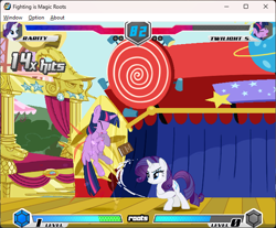 Size: 642x532 | Tagged: safe, rarity, twilight sparkle, alicorn, unicorn, fighting is magic, g4, fan game, game screencap, trixie's wagon, twilight sparkle (alicorn), wagon