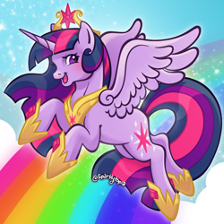 Size: 2400x2400 | Tagged: safe, artist:sparkytopia, twilight sparkle, alicorn, pony, g4, clothes, crown, jewelry, looking at you, open mouth, open smile, rainbow, regalia, shoes, smiling, solo, sparkly eyes, spread wings, twilight sparkle (alicorn), wingding eyes, wings
