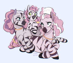 Size: 2409x2099 | Tagged: safe, artist:peachmichea, mariama, mariama's mother, skye, zebra, g5, blushing, braces, commission, cuddle puddle, cuddling, ear piercing, earring, female, filly, foal, grandmother and grandchild, grandmother and granddaughter, jewelry, looking at each other, looking at someone, lying down, mare, mother and child, mother and daughter, neck rings, on side, open mouth, open smile, piercing, pony pile, prone, signature, simple background, smiling, tail, trio, trio female