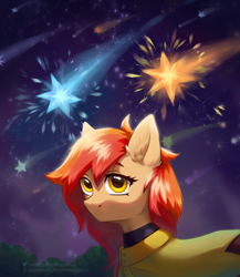 Size: 2600x3000 | Tagged: safe, artist:moewwur, artist:rin-mandarin, derpibooru exclusive, oc, oc only, oc:shimmer, earth pony, pony, cloak, clothes, collar, complex background, galaxy, halfbody, looking up, orange hair, red hair, shooting star, space, stars, yellow eyes