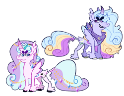 Size: 2048x1587 | Tagged: safe, artist:goatpaste, oc, oc only, oc:moonbloom bloom, oc:sweet dreams, alicorn, pony, g4, alicorn oc, duo, horn, long description, magical lesbian spawn, offspring, parent:princess cadance, parent:trixie, parents:tridance, simple background, white background, wings