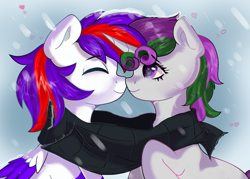 Size: 3500x2500 | Tagged: safe, artist:kristina, oc, oc only, pegasus, pony, unicorn, clothes, couple, cute, duo, heart, heart eyes, kissing, scarf, shared clothing, shared scarf, wingding eyes