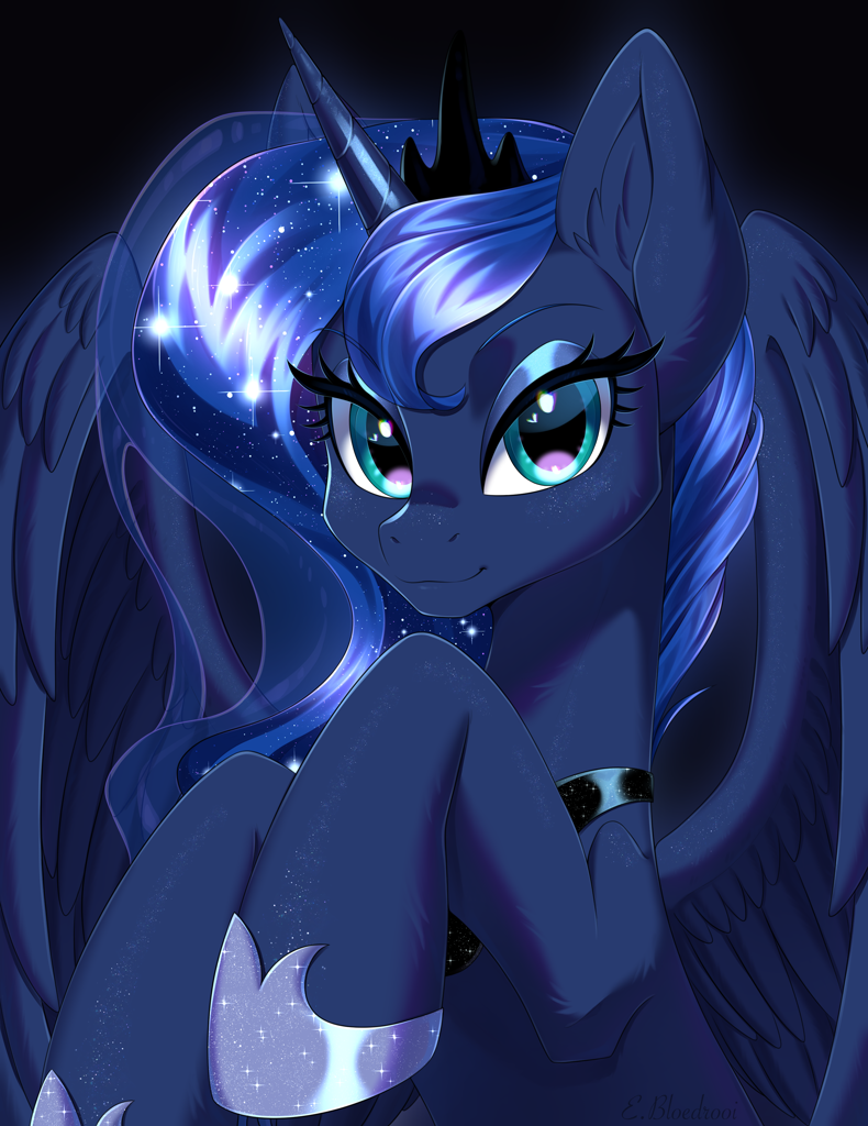 [alicorn,blushing,crown,cute,digital art,eyelashes,eyeshadow,feather,female,flowing mane,g4,glowing,glowing horn,high res,horn,jewelry,looking at you,makeup,mare,pony,princess luna,safe,simple background,solo,sparkles,stars,wings,regalia,ethereal mane,starry mane,lidded eyes,peytral,blue eyes,blue mane,hoof shoes,smiling,spread wings,gray background,smiling at you,raised hooves,artist:e-boi]
