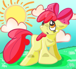 Size: 1483x1361 | Tagged: safe, artist:itsbootoon, apple bloom, earth pony, pony, g4, cloud, female, filly, foal, grass, solo, sun