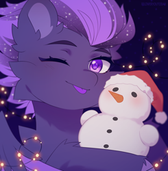Size: 1838x1879 | Tagged: safe, artist:floweryoutoday, oc, oc:shadow galaxy, pegasus, pony, :p, commission, cute, ear fluff, ethereal mane, female, fluffy, looking at you, mare, one eye closed, smiling, snow, snowman, solo, starry mane, stars, tongue out, wink, ych result