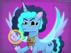 Size: 4200x3150 | Tagged: safe, artist:alejandrogmj, artist:wasisi, misty brightdawn, alicorn, pony, unicorn, g5, alicornified, alternate cutie mark, alternate universe, artificial wings, augmented, evil, glowing, glowing wings, gradient background, implied opaline arcana, looking at you, magic, magic wings, mistycorn, race swap, wings